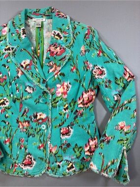 Harold’s Floral Ikat Fitted Blazer Turquoise Linen Cotton Frayed Fringed Edge